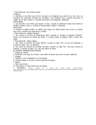 * Discriminación de sonido-sonido:
(Timbre):
1. Decimos a los niños que cierren los ojos y se imaginen que están en el zoo. Con un
cassette les ponemos sonidos de animales y les pedimos que, cuando escuchen el
rugido de un león, griten y, cuando escuchen a los pajaritos, aplaudan.
(Intensidad):
1. Les decimos a los niños que hagan un tren, cuando la profesora toque muy fuerte el
tambor, deben correr y, cuando lo toque flojito, deben ir andando.
(Duración):
1. Cuando el silbato emita un silbido muy largo, los niños tienen que correr, y cuando
sea corto, tendrán que agacharse y saltar.
* Discriminación palabra-palabra:
1. Se cuenta el cuento de Caperucita Roja. Cuando se nombre la palabra "bosque",
tienen que ponerse en forma de árbol, y, cuando oigan la palabra "lobo", tienen que
aullar.
* Discriminación sílaba-sílaba:
1. Se canta la canción del señor Martín, cuando se diga "tin", se da una palmada, y
cuando se diga "ton", se patalea.
2. Se canta la canción de la Vieja Factoría. Cuando se diga "as", hay que tocarse la
cabeza, y cuando se diga "ca", hay que darse la mano.
B) JUEGOS FONOARTICUALTORIOS:
* Juegos de soplar:
1. Ponemos una hoja en la mesa y los niños la tienen que tirar al suelo soplando.
* Lengua:
1. Señalar a tus compañeros con la lengua.
2. Intentar llegar a la nariz con la punta de la lengua.
* Labios:
1. Hacer pucheros.
2. Tirar besos, lo más fuerte que se pueda.
* Mandíbula: Fuente: O rozco. N. E. Guía para primer grado, Lecto-Escritura.
http://najera.tripod.com.mx/lineaeducativa/id10.html (C onsultada Septiembre 2004) T omado exclusivamente con fines
instruccionales
 