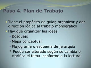 Paso 4. Plan de Trabajo

 Tiene el propósito de guiar, organizar y dar
  dirección lógica al trabajo monográfico
 Hay que organizar las ideas
   Bosquejo
   Mapa conceptual
   Flujograma o esquema de jerarquía
  * Puede ser alterado según se cambia o
   clarifica el tema conforme a la lectura
 