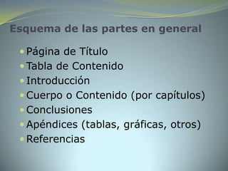 Esquema de las partes en general

  Página de Título
  Tabla de Contenido
  Introducción
  Cuerpo o Contenido (por capítulos)
  Conclusiones
  Apéndices (tablas, gráficas, otros)
  Referencias
 