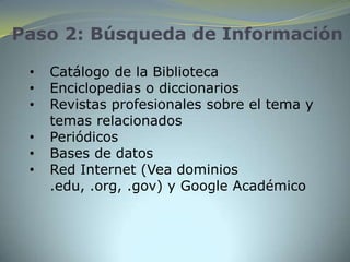 Paso 2: Búsqueda de Información

 •   Catálogo de la Biblioteca
 •   Enciclopedias o diccionarios
 •   Revistas profesionales sobre el tema y
     temas relacionados
 •   Periódicos
 •   Bases de datos
 •   Red Internet (Vea dominios
     .edu, .org, .gov) y Google Académico
 
