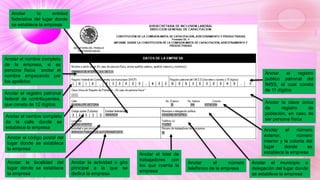 Anotar el nombre completo
de la empresa, si es
persona física anotar el
nombre empezando por
los apellidos
Anotar el registro patronal
federal de contribuyentes,
que consta de 12 dígitos
Anotar el registro
publico patronal del
IMSS, el cual consta
de 11 dígitos
Anotar la clave única
de registro de
población, en caso de
ser persona física
Anotar el nombre completo
de la calle donde se
establece la empresa
Anotar el número
exterior, número
interior y la colonia del
lugar donde se
establece la empresa
Anotar el código postal del
lugar donde se establece
la empresa
Anotar el municipio o
delegación del lugar donde
se establece la empresa
Anotar la entidad
federativa del lugar donde
se establece la empresa
Anotar la localidad del
lugar donde se establece
la empresa
Anotar el número
telefónico de la empresa
Anotar la actividad o giro
principal a la que se
dedica la empresa
Anotar el total de
trabajadores con
los que cuenta la
empresa
 