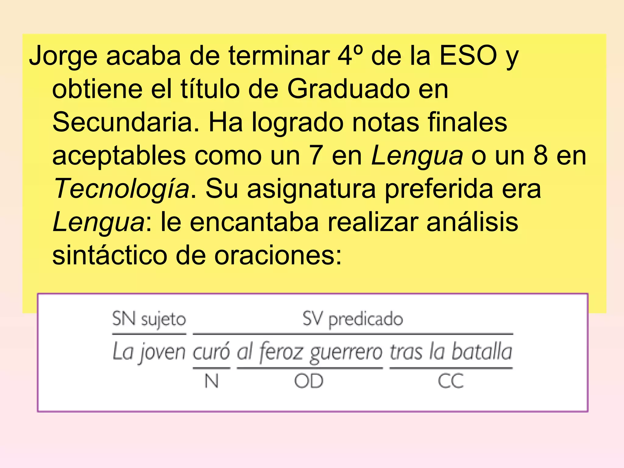 Jorge acaba de terminar 4º de la ESO y obtiene el título de Graduado en Secundaria. Ha logrado notas finales aceptables como un 7 en  Lengua  o un 8 en  Tecnología . Su asignatura preferida era  Lengua : le encantaba realizar análisis sintáctico de oraciones: 