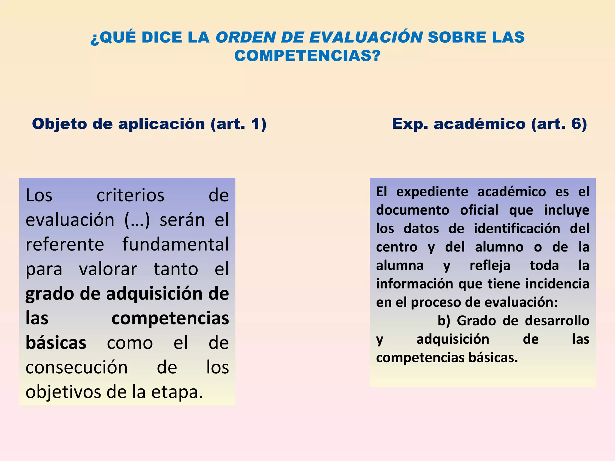 ¿QUÉ DICE LA  ORDEN DE EVALUACIÓN  SOBRE LAS COMPETENCIAS? Objeto de aplicación (art. 1) Los criterios de evaluación (…) serán el referente fundamental para valorar tanto el  grado de adquisición de las competencias básicas  como el de consecución de los objetivos de la etapa. Exp. académico (art. 6) El expediente académico es el documento oficial que incluye los datos de identificación del centro y del alumno o de la alumna y refleja toda la información que tiene incidencia en el proceso de evaluación:  b) Grado de desarrollo y adquisición de las competencias básicas. 