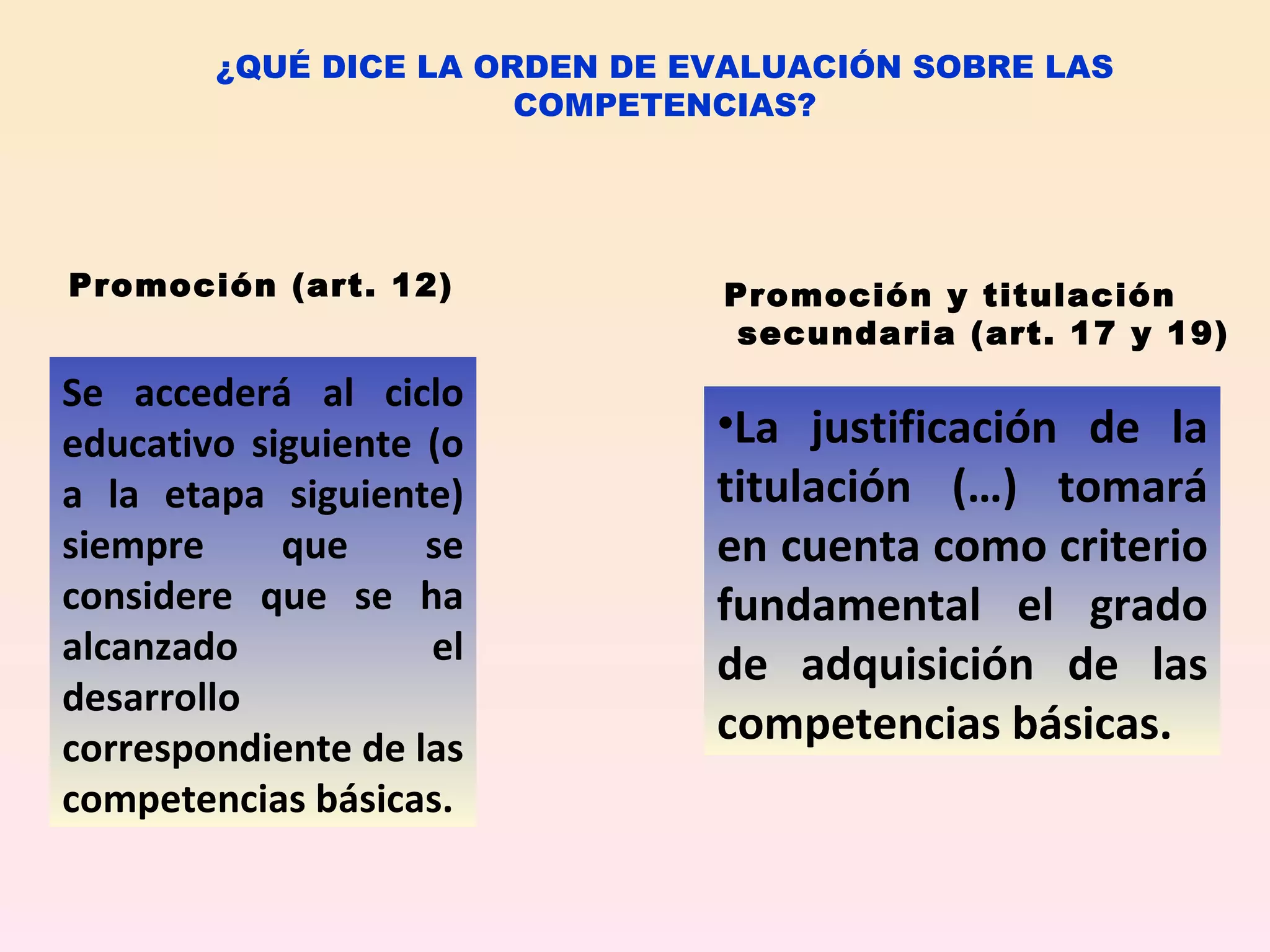 ¿QUÉ DICE LA ORDEN DE EVALUACIÓN SOBRE LAS COMPETENCIAS? Promoción (art. 12) Promoción y titulación secundaria (art. 17 y 19) Se accederá al ciclo educativo siguiente (o a la etapa siguiente) siempre que se considere que se ha alcanzado el desarrollo correspondiente de las competencias básicas. La justificación de la titulación (…) tomará en cuenta como criterio fundamental el grado de adquisición de las competencias básicas. 