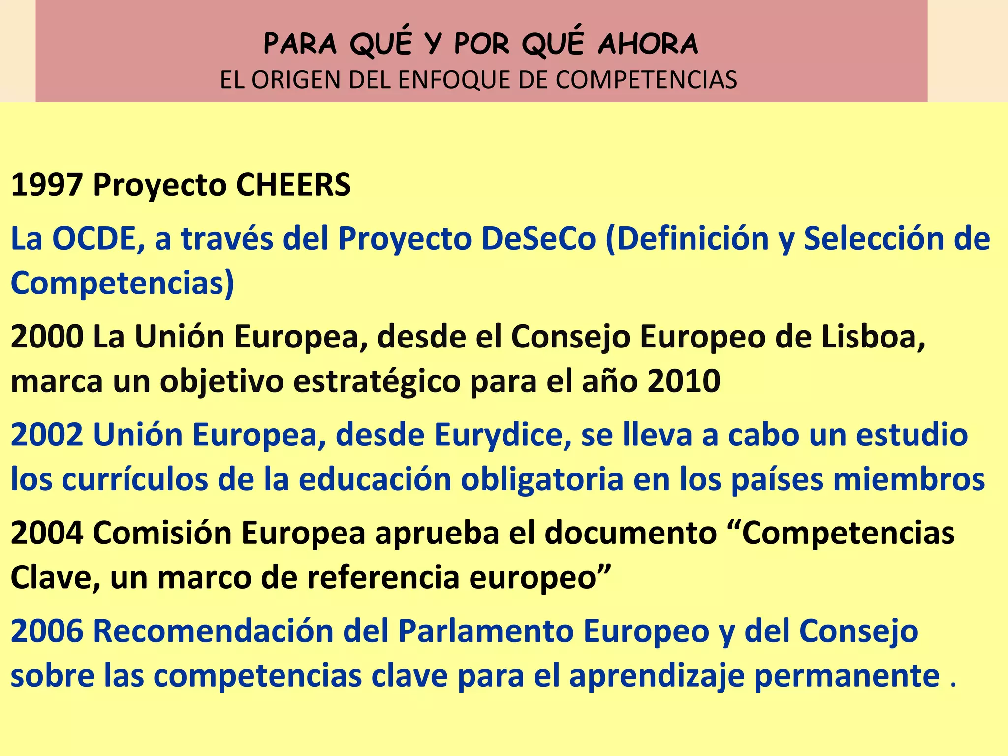 PARA QUÉ Y POR QUÉ AHORA EL ORIGEN DEL ENFOQUE DE COMPETENCIAS  1997 Proyecto CHEERS   La OCDE, a través del Proyecto DeSeCo (Definición y Selección de Competencias) 2000 La Unión Europea, desde el Consejo Europeo de Lisboa, marca un objetivo estratégico para el año 2010  2002 Unión Europea, desde Eurydice, se lleva a cabo un estudio los currículos de la educación obligatoria en los países miembros 2004 Comisión Europea aprueba el documento “Competencias Clave, un marco de referencia europeo” 2006 Recomendación del Parlamento Europeo y del Consejo sobre las competencias clave para el aprendizaje permanente  . 