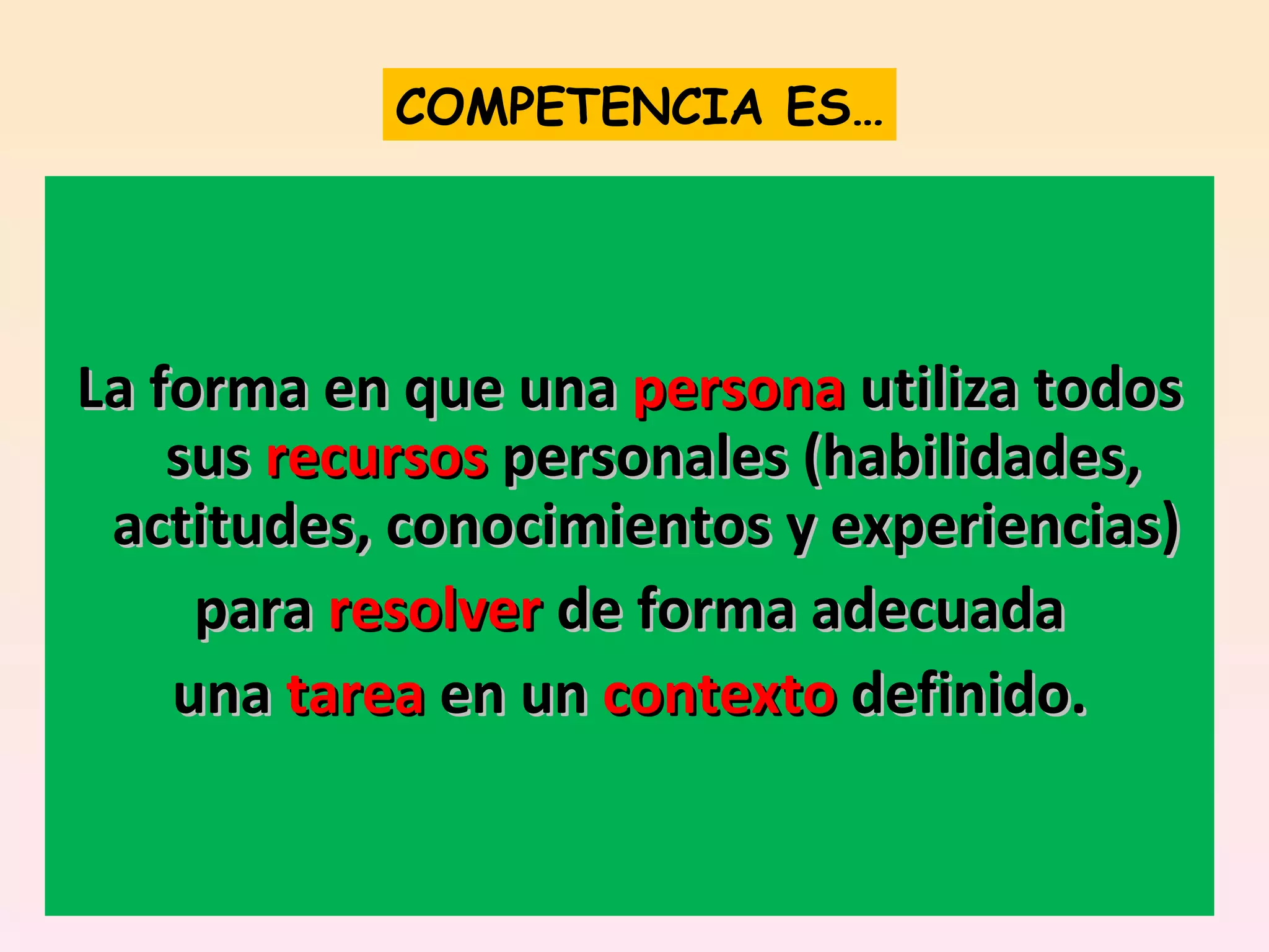 COMPETENCIA ES… La forma en que una  persona  utiliza todos sus  recursos  personales (habilidades, actitudes, conocimientos y experiencias)  para  resolver  de forma adecuada una  tarea  en un  contexto  definido. 