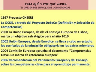 PARA QUÉ Y POR QUÉ AHORA EL ORIGEN DEL ENFOQUE DE COMPETENCIAS  1997 Proyecto CHEERS   La OCDE, a través del Proyecto DeSe...