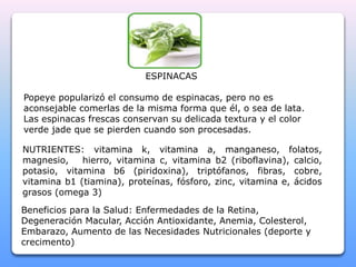 ESPINACAS 
Popeye popularizó el consumo de espinacas, pero no es 
aconsejable comerlas de la misma forma que él, o sea de lata. 
Las espinacas frescas conservan su delicada textura y el color 
verde jade que se pierden cuando son procesadas. 
NUTRIENTES: vitamina k, vitamina a, manganeso, folatos, 
magnesio, hierro, vitamina c, vitamina b2 (riboflavina), calcio, 
potasio, vitamina b6 (piridoxina), triptófanos, fibras, cobre, 
vitamina b1 (tiamina), proteínas, fósforo, zinc, vitamina e, ácidos 
grasos (omega 3) 
Beneficios para la Salud: Enfermedades de la Retina, 
Degeneración Macular, Acción Antioxidante, Anemia, Colesterol, 
Embarazo, Aumento de las Necesidades Nutricionales (deporte y 
crecimento) 
 