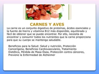 CARNES Y AVES 
La carne es un conjunto digestivo de proteínas, ácidos esenciales y 
la fuente de hierro y vitamina B12 más disponible, equilibrado y 
fácil de obtener que se puede encontrar. Por ello, necesita de 
encontrar y consumir todos los nutrientes que la carne proporciona 
para que su cuerpo se mantenga saludable. 
Beneficios para la Salud: Salud y nutrición, Protección 
Cancerígena, Beneficios Cardiovasculares, Tratamiento 
Dietético, Pérdida de Masa Ósea, Protección contra cánceres, 
Previene la Enfermedad de Alzheimer 
 