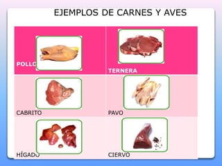 EJEMPLOS DE CARNES Y AVES 
POLLO 
TERNERA 
CABRITO PAVO 
HÍGADO CIERVO 
 