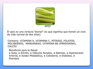 APIO 
El apio es una verdura “bienal” (lo que significa que tienen un ciclo 
de vida normal de dos años) 
Contiene: VITAMINA K, VITAMINA C, POTASIO, FOLATOS, 
MOLIBDÉNIO, MANGANESO, VITAMINA B6 (PIRIDOXINA), 
CALCIO 
Beneficios para la Salud: 
● Gota, ● Artritis, ● Cálculos Renales, ● Edemas, ● Hipertensión 
Arterial, ● Acidez Metabólica, ● Colesterol, ● Diabetes, ● 
Psoriasis 
 