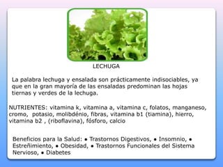 LECHUGA 
La palabra lechuga y ensalada son prácticamente indisociables, ya 
que en la gran mayoría de las ensaladas predominan las hojas 
tiernas y verdes de la lechuga. 
NUTRIENTES: vitamina k, vitamina a, vitamina c, folatos, manganeso, 
cromo, potasio, molibdénio, fibras, vitamina b1 (tiamina), hierro, 
vitamina b2 , (riboflavina), fósforo, calcio 
Beneficios para la Salud: ● Trastornos Digestivos, ● Insomnio, ● 
Estreñimiento, ● Obesidad, ● Trastornos Funcionales del Sistema 
Nervioso, ● Diabetes 
 
