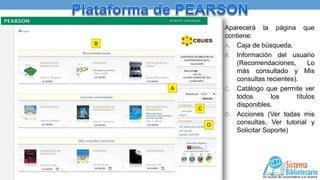 B

A
D

C
D

Aparecerá la página que
contiene:
A. Caja de búsqueda.
B. Información del usuario
(Recomendaciones,
Lo
más consultado y Mis
consultas recientes).
C. Catálogo que permite ver
todos
los
títulos
disponibles.
D. Acciones (Ver todas mis
consultas, Ver tutorial y
Solicitar Soporte)

 