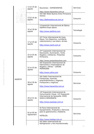  
101
 
 
 
 
 
 
 
 
 
 
 
 
 
 
 
 
 
 
 
AGOSTO
13 al 15 de
agosto
Reuniones – EXPOEVENTOS
http://www.hseventos.com.ar
Servicios
13 al 16 de
agosto
XIII Baf Week Buenos Aires Primavera
Verano
http://Bafweeklarural.com.ar
 
Consumo
16 al 18 de
agosto
X Exposición Internacional de Óptica.
Optiferia Expo óptica.
http://www.optiferia.com
 
Tecnología
17 al 25 de
agosto
22ª Feria Internacional de Caza,
Pesca, Tiro Deportivo, cuchillería,
coleccionismo y out doors. Armas.
http://www.rsanti.com.ar
 
Consumo
22 al 25 de
agosto 
27ª exposición Internacional de
Decoración, Iluminación, Textil,
Regalos y Utilitarios. Presentes
Primavera.
http://www.presentesonline.com
Consumo
22 al 25 de
agosto 
XIV Exposición Internacional de
Fabricantes e Importadores de
Regalos y Afines – CAFIRA
PRIMAVERA
http://www.cafira.com
                              
 
 
Consumo
28 al 30 de
agosto
XIX Salón Internacional de
Franquicias, licencias,
emprendimientos y negocios.
Franquicias y negocios.
http://www.hseventos.com.ar
 
Servicios
29 al 31 de
agosto
15ª Exposición Internacional de
Comunicación Visual. 14ª Exposición
Internacional de Serigrafía. EXPO
SIGN & SERIGRAFÍA
http://www.exposign.com.ar
 
Consumo
02 al 05 de
septiembre
XI Feria Internacional de
Equipamiento, Productos y Servicios
para la gastronomía y Hotelería.
HOTELGA.
http://www.hotelga.com.ar
Servicios
XII Salón Internacional de
Refrigeración y Aire Acondicionado,
 