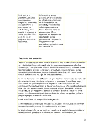 En el uso de la
plataforma, se aplica
una evaluación
diagnóstica orientada a
conocer el nivel de
cada uno de los
estudiantes y de los
grupos, prueba que se
aplica al final de cada
período, con el
propósito de conocer
los avances.
informe de su avance
personal. En la visita a la sala
de bilingüismo, retomamos
las actividades con alta
dificultad y evaluamos los
aciertos y desaciertos a
través de explicaciones de
comprensión. (Meta
cognición). El momento de
socialización de los
problemas de comprensión y
uso gramatical con
exposiciones lo consideramos
una coevaluación.
Descripción de la evaluación
Realizar una descripción de los recursos que utiliza para realizar las evaluaciones de
sus estudiantes y le permiten evidenciar los progresos y necesidades sobre los
aprendizajes, ¿Por qué utilizar rúbricas o matrices de evaluación?, ¿Tiene en cuenta
los organizadores gráficos como recurso evaluativo? ¿Incluye diarios de campo o
portafolios como método de enseñanza-aprendizaje-evaluación? ¿Cómo puede
valorar las habilidades del Siglo XXI en sus estudiantes?..
La misma plataforma virtual Macmillan Inspired 1 ofrece herramientas de evaluación
del progreso de cada estudiante, registrando el proceso de desarrollo de todos y
cada uno de los ejercicios planteados. Registra la fecha de ejecución de cada
ejercicio, e informa el avance en la plataforma. Igualmente informa sobre el ejercicio
en el cual tuvo más dificultades, inventariando el número de intentos, aciertos y
desaciertos, lo que nos permite conocer el tema que debemos aclarar o la ayuda
que los estudiantes necesitan en su aprendizaje. La rúbrica nos ayuda a evaluar el
progreso y el proceso de cada estudiante.
Cómo evaluamos las competencias del siglo XXI¨
a. Habilidades de aprendizaje e innovación: A través de rúbricas, que nos permitan
conocer el empoderamiento del estudiante en el proyecto.
b. Habilidades en información, medios y tecnología: A través de la presentación de
las exposiciones que reflejan la información obtenida desde internet, la
23
 