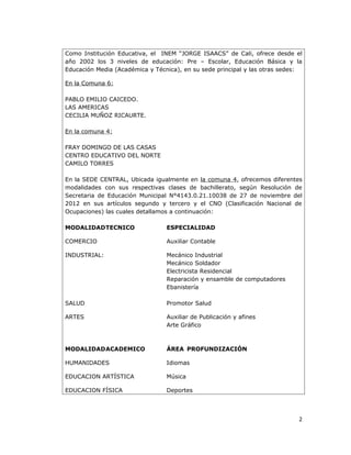 Como Institución Educativa, el INEM “JORGE ISAACS” de Cali, ofrece desde el
año 2002 los 3 niveles de educación: Pre – Escolar, Educación Básica y la
Educación Media (Académica y Técnica), en su sede principal y las otras sedes:
En la Comuna 6:
PABLO EMILIO CAICEDO.
LAS AMERICAS
CECILIA MUÑOZ RICAURTE.
En la comuna 4:
FRAY DOMINGO DE LAS CASAS
CENTRO EDUCATIVO DEL NORTE
CAMILO TORRES
En la SEDE CENTRAL, Ubicada igualmente en la comuna 4, ofrecemos diferentes
modalidades con sus respectivas clases de bachillerato, según Resolución de
Secretaria de Educación Municipal N°4143.0.21.10038 de 27 de noviembre del
2012 en sus artículos segundo y tercero y el CNO (Clasificación Nacional de
Ocupaciones) las cuales detallamos a continuación:
MODALIDADTECNICO ESPECIALIDAD
COMERCIO Auxiliar Contable
INDUSTRIAL: Mecánico Industrial
Mecánico Soldador
Electricista Residencial
Reparación y ensamble de computadores
Ebanistería
SALUD Promotor Salud
ARTES Auxiliar de Publicación y afines
Arte Gráfico
MODALIDADACADEMICO ÁREA PROFUNDIZACIÓN
HUMANIDADES Idiomas
EDUCACION ARTÍSTICA Música
EDUCACION FÍSICA Deportes
2
 