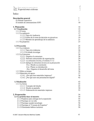 Índice

Descripción general                                                7
    El método expositivo                                           7
    El modelo de entrenamiento S3P3                                10

1. Planeación                                                      14
 1.1 Visualización                                                 15
    1.1.1 El tema                                                  15
    1.1.2 La audiencia                                             17
          1.1.2.1 Tipos de Audiencia                               19
          1.1.2.2 Estilos de la toma de decisión en ejecutivos     19
          1.1.2.3 Métodos de aprendizaje de la audiencia           21
    1.1.3 Su propósito
            23

  1.2 Proyección                                                   25
    1.2.1 La evidencia                                             25
          1.2.1.1 Tipos de evidencias                              26
          1.2.1.2 En dónde investigar                              27
    1.2.2 La Estructura
            28
          1.2.2.1 Organice la estructura                           28
          1.2.2.2 Patrones estructurales de organización           29
          1.2.2.3 La estructura inversa, el sistema 3-1-2          30
          1.2.2.4 Aplique la estructura inversa en su proyección   31
                   Tres: Diseñe su conclusión                      31
                   Uno: Planee su introducción                     32
                   Dos: Organice el desarrollo del tema            36
    1.2.3 Mida su tiempo                                           36
    1.2.4 Materiales de apoyo                                      37
          1.2.4.1 ¿Por qué usar materiales impresos?               38
          1.2.4.2 ¿Por qué usar una presentación digital?          42

  1.3 Realización                                                  43
    1.3.1 La forma                                                 43
          1.3.1.1 Concepto del diseño                              43
          1.3.1.2 Diseño en pantalla                               50
          1.3.1.3 Elaboración de materiales impresos               53

2. Preparación                                                     54
  2.1 La práctica hace al maestro                                  54
      2.1.1 Prepárese para entregar de la exposición               55
      2.1.2 Practique en voz alta                                  55
      2.1.3 Practique usando tecnología                            56



© 2007, Giovanni Mauricio Martínez Castillo                        4
 