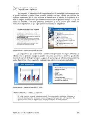 Por ejemplo, la diapositiva de la izquierda incluye demasiado texto innecesario y no
se puede entender a simple vista; además, tampoco incluye colores que resalten los
términos importantes, no es nada atractiva. A diferencia de la anterior, la diapositiva de la
derecha emplea palabras clave que están bien espaciadas al aplicarse la regla 7+/-2 y son
fáciles de entender. Tiene una apariencia profesional y utiliza colores para resaltar los
puntos más importantes, lo que capta y mantiene la atención del público.




Ejemplo traducido y adaptado del original de HP (2006)

     Las diapositivas que se muestran a continuación presentan dos tipos diferentes de
información: la primera incluye un cuadro con datos estadísticos, mientras que la otra
muestra la agenda de la presentación. A pesar de que el tipo de información es diferente,
ambas diapositivas (slide) siguen los parámetros del mismo concepto en su plantilla.




Ejemplo traducido y adaptado del original de HP (2006)



 DIEZ SEGUNDOS PARA CAPTAR LA ATENCIÓN:

        De modo empírico, recuerde lo siguiente, diseñe elementos visuales que emitan el mensaje en
        menos de diez segundos. Comience con una idea general y luego vaya a lo específico. Sus
        apoyos visuales deben dar al público una imagen general antes de entrar en detalle.




© 2007, Giovanni Mauricio Martínez Castillo                                                           51
 