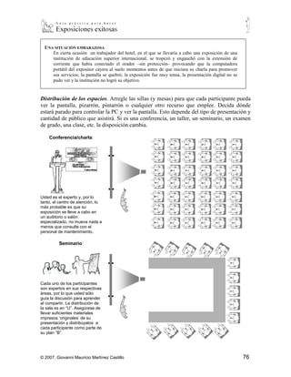 UNA SITUACIÓN EMBARAZOSA
     En cierta ocasión un trabajador del hotel, en el que se llevaría a cabo una exposición de una
     institución de educación superior internacional, se tropezó y enganchó con la extensión de
     corriente que había conectado el orador –sin protección– provocando que la computadora
     portátil del expositor cayera al suelo momentos antes de que iniciara su charla para promover
     sus servicios; la pantalla se quebró, la exposición fue muy tensa, la presentación digital no se
     pudo ver y la institución no logró su objetivo.


Distribución de los espacios. Arregle las sillas (y mesas) para que cada participante pueda
ver la pantalla, pizarrón, pintarrón o cualquier otro recurso que emplee. Decida dónde
estará parado para controlar la PC y ver la pantalla. Esto depende del tipo de presentación y
cantidad de público que asistirá. Si es una conferencia, un taller, un seminario, un examen
de grado, una clase, etc. la disposición cambia.

    Conferencia/charla:




Usted es el experto y, por lo
tanto, el centro de atención, lo
más probable es que su
exposición se lleve a cabo en
un auditorio o salón
especializado, no mueva nada a
menos que consulte con el
personal de mantenimiento.

         Seminario:




Cada uno de los participantes
son expertos en sus respectivas
áreas, por lo que usted sólo
guía la discusión para aprender
al compartir. La distribución de
la sala es en “U”. Asegúrese de
llevar suficientes materiales
impresos ‘originales’ de su
presentación y distribúyalos a
cada participante como parte de
su plan “B”.




© 2007, Giovanni Mauricio Martínez Castillo                                                             76
 
