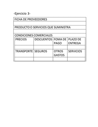 -Ejercicio 3-
FICHA DE PROVEEDORES
PRODUCTO O SERVICIOS QUE SUMINISTRA
CONDICIONES COMERCIALES
PRECIOS DESCUENTOS FOMA DE
PAGO
PLAZO DE
ENTREGA
TRANSPORTE SEGUROS OTROS
GASTOS
SERVICIOS
 