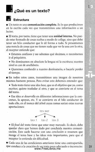 I ¿Qué es un texto?
Estructura
■ Un texto es una com unicación com pleta. Es lo que producimos
en lo escrito cada vez que transm itim os una información a un
lector.
■ El texto, por tanto, tiene que tener una unidad interna. No pue­
de estar formado de cosas sueltas a m odo de collage, sino que debe
tener un hilo conductor que le dé forma a todo. Si presentamos
una mezcla de cosas que no tienen nada que ver la una con la otra,
el receptor entiende que:
• Estamos confusos y no sabemos qué decimos, o necesitamos
ir al psiquiatra.
• No dom inam os en absoluto la lengua ni la escritura; nuestro
nivel es casi de analfabeto.
• Queremos confundir a nuestro destinatario, o hacerle perder
el tiempo.
■ En todos estos casos, transm itim os una imagen de nosotros
mismos bastante penosa. Para evitar esto debemos entender que:
• Todo texto tiene una idea base, que es el objetivo que yo, como
escritor, quiero trasladar al otro, y que se convierte en el tema
del texto.
• Esa idea se desarrolla en diferentes informaciones que la con­
cretan, la apoyan, etc. Y se convierte en el hilo conductor de
todo ello, en el tronco del árbol cuyas ramas serían estas nuevas
aportaciones:
iDr A BASF
Idea 1 Idea 2 Idea 3
• El final del texto tiene que estar muy marcado. Es decir, debe
quedar claro que hem os dado por concluida nuestra com uni­
cación. Esto suele hacerse con una conclusión o resumen que
recoge el tema base y las ideas más importantes, para que el
receptor lo entienda sin dificultad.
■ Cada una de las condiciones anteriores tiene una contrapartida,
que conduce a la creación de un texto poco adecuado o incorrecto:
www.FreeLibros.me
 