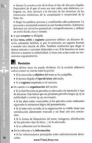 • Ajustar la construcción de la frase al tipo de discurso elegido.
Dependerá de él que el tono sea más culto, más didáctico, co­
loquial, etc. Esto afectará a la elección de los térm inos, de las
estructuras sintácticas, de la complejidad o sim plicidad de la
frase, etc.
• Elegir las palabras precisas y combinarlas adecuadam ente. I.a
precisión y propiedad semánticas son fundamentales. Asimismo,
debemos ser correctos gramatical y ortográficamente, y utilizar
un estilo fluido, rico y variado.
■ A qué receptor va dirigido.
■ Q ué tono, estilo o registro queremos utilizar: un discurso di­
recto, coloquial, familiar, o, por el contrario, un registro formal,
o usando una mezcla de ellos. También tendrem os que elegir si
dam os entrada a variantes dialectales o no. Si lo hacemos en tono
objetivo o usamos la subjetividad. A veces esta actúa como un m e­
canism o argumentativo.
■ Esta últim a tarea no puede olvidarse. En la revisión debemos
volver a tener en cuenta todo lo previo:
• Si la intención u objetivo del texto se ha cumplido.
• Si hem os elegido el tipo de texto adecuado.
• Si el registro em pleado es el correcto.
■ En cuanto a la organización del escrito:
• Si la distribución en párrafos es adecuada a la intención y tipo
de discurso. Hay textos que no perm iten párrafos largos (p. ej. la
publicidad) o cortos (p. ej. un ensayo).
• Si las ideas están conectadas, si los párrafos están ordenados
siguiendo la estructura lógica del pensamiento.
• Si el texto está cerrado, si su organización es visible: tiene una
introducción claram ente marcada y un final con una conclu­
sión.
• Si la forma de disposición del texto (márgenes, distribución
de los párrafos, tipo de letra...) es la adecuada.
• Si es coherente con la situación.
■ En lo referente a la inform ación:
• Si las inform aciones principales están suficientemente desta­
cadas.
www.FreeLibros.me
 