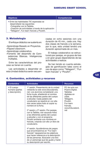 121
SAMSUNG SMART SCHOOL
3. Metodología
El enfoque didáctico se sustenta en:
-Aprendizaje Basado en Proyectos.
-Flipped classroom.
-Aprendizaje colaborativo.
-Fomento del desarrollo de Com-
petencias Básicas. Inteligencias
múltiples.
Entre las características del pro-
ceso se tienen en cuenta:
Las actividades a desarrollar en
esta Unidad didáctica serán secuen-
ciadas en ocho sesiones con una
duración de 45 min., cada una. Hay
dos clases de francés a la semana,
por lo que, esta unidad tendrá una
duración aproximada de un mes.
El trabajo colaborativo se estruc-
turará por parejas, en grupos de tres
y en gran grupo dependiendo de las
actividades a realizar.
Se han tenido en cuenta estrate-
gias de gamificación tales como el
uso de apps como “Tellagami”, “Fun
learn francés” y “PicsArt”.
Objetivos Competencias
• Entre las habilidades TIC esperadas se
desarrollarán las siguientes:
-Fotografiar con la Tableta.
-Creación de actividades a través de la aplicación
“Tellagami”, Fun learn francés y PicsArt.
4. Contenidos, actividades y recursos
Contenidos Actividades Recursos
• El cuerpo
humano (partes
y descripción).
1ª sesión. Presentación de la unidad
visitando la web www.Educalandia.
net. Los alumnos completarán una
ficha muda, añadiendo el nombre
de las diferentes partes del cuerpo
a estudiar. Cada palabra del
vocabulario se repetirá en voz alta
dos veces sobre todo al copiar su
nombre en la ficha.
2ª sesión y 3ª sesión. Por parejas,
con la Tableta, irán sacando fotos
a las diferentes partes del cuerpo
a estudiar y con el programa
PicsArt anotarán sus nombres en
francés, creando con ello un libro de
vocabulario.
4ª sesión. Ayudándonos de juegos
que encontraremos en “Fun learn
francés” repasaremos los adjetivos
que hacen referencia a la descripción
de las personas. Buscarán una foto
de un personaje que les guste y harán
su descripción por escrito.
PC de aula con
Pizarra Digital.
Tabletas
digitales en
clase.
Tellagami.
PicsArt.
Fun learn
francés.
www.Educaland.
net
 