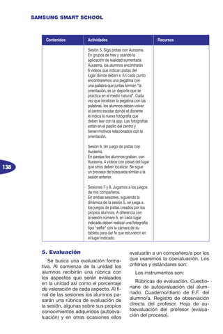 138
SAMSUNG SMART SCHOOL
5. Evaluación
Se busca una evaluación forma-
tiva. Al comienzo de la unidad los
alumnos recibirán una rúbrica con
los aspectos que serán evaluados
en la unidad así como el porcentaje
de valoración de cada aspecto. Al fi-
nal de las sesiones los alumnos pa-
sarán una rúbrica de evaluación de
la sesión, algunas sobre sus propios
conocimientos adquiridos (autoeva-
luación) y en otras ocasiones ellos
evaluarán a un compañero/a por los
que usaremos la coevaluación. Los
criterios y estándares son:
Los instrumentos son:
Rúbricas de evaluación. Cuestio-
nario de autoevaluación del alum-
nado. Cuaderno/diario de E.F. del
alumno/a. Registro de observación
directa del profesor. Hoja de au-
toevaluación del profesor (evalua-
ción del proceso).
Contenidos Actividades Recursos
Sesión 5. Sigo pistas con Aurasma.
En grupos de tres y usando la
aplicación de realidad aumentada
Aurasma, los alumnos encontrarán
6 vídeos que indican pistas del
lugar donde deben ir. En cada punto
encontraremos una pegatina con
una palabra que juntas forman “la
orientación, es un deporte que se
practica en el medio natural”. Cada
vez que localizan la pegatina con las
palabras, los alumnos deben volver
al centro escolar donde el docente
le indica la nueva fotografía que
deben leer con la app. Las fotografías
están en el pasillo del centro y
tienen motivos relacionados con la
orientación.
Sesión 6. Un juego de pistas con
Aurasma.
En parejas los alumnos graban, con
Aurasma, 4 vídeos con pistas del lugar
que otros deben localizar. Se sigue
un proceso de búsqueda similar a la
sesión anterior.
Sesiones 7 y 8. Jugamos a los juegos
de mis compañeros.
En ambas sesiones, siguiendo la
dinámica de la sesión 5, se juega a
los juegos de pistas creados por los
propios alumnos. A diferencia con
la sesión número 5, en cada lugar
indicado deben realizar una fotografía
tipo “selfie” con la cámara de su
tableta para dar fe que estuvieron en
el lugar indicado.
 
