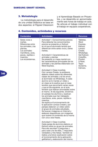 144
SAMSUNG SMART SCHOOL
3. Metodología
La metodología para el desarrollo
de una unidad didáctica se basa en
dos aspectos: el Flipped Classroom
y el Aprendizaje Basado en Proyec-
tos, y se desarrolla en aproximada-
mente seis horas de trabajo en aula.
Se articula el trabajo individual con
el trabajo en equipos cooperativos.
4. Contenidos, actividades y recursos
Contenidos Actividades Recursos
Seres vivos e
inertes.
Diferencias entre
los animales y las
plantas.
Los animales:
mamíferos, aves,
peces, reptiles e
insectos.
Los ecosistemas.
Actividad 1: Conocimientos previos
Para detectar los conocimientos
previos se presenta un Kahoot
en el que el alumnado tendrá que
diferenciar entre seres vivos y seres
inertes.
Actividad 2: Características de
animales y plantas
Se presenta un mapa mental con
las características principales de los
animales y las plantas elaborado con
Word Express.
Actividad 3: Clase invertida
Con Lensoo Create, la profesora
elabora vídeos sobre las diferentes
clases de animales y se los envía
al alumnado vía WhatsApp. A cada
alumno se le manda un vídeo y
en clase se le explica que en casa
tendrán que escucharlo varias veces
y que al día siguiente, en el aula,
tendrán que realizar actividades sobre
el mismo. Al día siguiente, dividimos
en parejas los alumnos y explican
los animales que han trabajado:
mamíferos, aves, peces, reptiles e
insectos.
Se explica el funcionamiento de
la aplicación Lensoo Create y por
parejas elaboran un vídeo sobre
el grupo de animales estudiado.
Se buscan imágenes en Internet y
elaboran diapositivas con imágenes
que ilustren el contenido de la misma
con una o dos frases.
Actividad 4: Clase invertida
Cada pareja de alumnos elabora un
Kahoot sobre su grupo de animales.
Para ello escriben 5 preguntas y
para cada una de ellas, 1 respuesta
verdadera y tres falsas. También se
realiza una breve explicación sobre
el funcionamiento de la aplicación
getKahoot y elaboración del mismo.
Tabletas.
Word
Express.
Kahoot.
Lensoo
Create.
WhatsApp.
Get Kahoot.
ColarMix.
PicsArt.
S Note.
Tagul.
Aurasma.
Cámara.
 