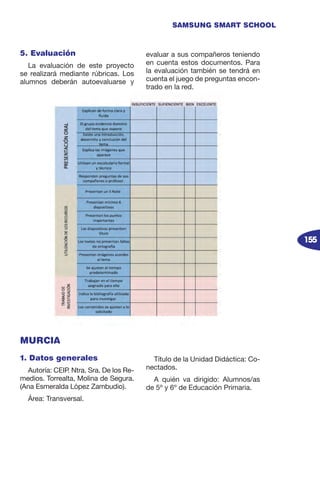 155
SAMSUNG SMART SCHOOL
5. Evaluación
La evaluación de este proyecto
se realizará mediante rúbricas. Los
alumnos deberán autoevaluarse y
evaluar a sus compañeros teniendo
en cuenta estos documentos. Para
la evaluación también se tendrá en
cuenta el juego de preguntas encon-
trado en la red.
1. Datos generales
Autoría: CEIP. Ntra. Sra. De los Re-
medios. Torrealta, Molina de Segura.
(Ana Esmeralda López Zambudio).
Área: Transversal.
Título de la Unidad Didáctica: Co-
nectados.
A quién va dirigido: Alumnos/as
de 5º y 6º de Educación Primaria.
MURCIA
 