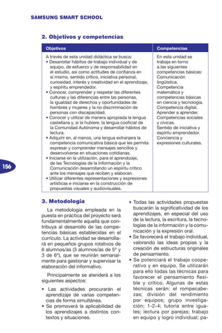 156
SAMSUNG SMART SCHOOL
3. Metodología
La metodología empleada en la
puesta en práctica del proyecto será
fundamentalmente aquella que con-
tribuya al desarrollo de las compe-
tencias básicas establecidas en el
currículo. La actividad se desarrolla-
rá en pequeños grupos rotativos de
6 alumnos/as (3 alumnos/as de 5º y
3 de 6º), que se reunirán semanal-
mente para gestionar y supervisar la
elaboración del informativo.
Principalmente se atenderá a los
siguientes aspectos:
• Las actividades procurarán el
aprendizaje de varias competen-
cias de forma simultánea.
• Se promoverá la aplicabilidad de
los aprendizajes a distintos con-
textos y situaciones.
• Todas las actividades propuestas
buscarán la significatividad de los
aprendizajes, en especial del uso
de la lectura, la escritura, la tecno-
logías de la información y la comu-
nicación y la expresión oral.
• Se favorecerá el trabajo individual,
valorando las ideas propias y la
creación de estructuras originales
de pensamiento.
• Se potenciará el trabajo coope-
rativo y en equipo. Se utilizarán
para ello todas las técnicas para
favorecer el pensamiento flexi-
ble y crítico. Algunas de estas
técnicas serán: el rompecabe-
zas; división del rendimiento
por equipos; grupo investiga-
ción; 1-2-4; tutoría entre igua-
les; lectura por parejas; trabajo
en equipo y logro individual; pa-
2. Objetivos y competencias
Objetivos Competencias
A través de esta unidad didáctica se busca:
• Desarrollar hábitos de trabajo individual y de
equipo, de esfuerzo y de responsabilidad en
el estudio, así como actitudes de confianza en
sí mismo, sentido crítico, iniciativa personal,
curiosidad, interés y creatividad en el aprendizaje,
y espíritu emprendedor.
• Conocer, comprender y respetar las diferentes
culturas y las diferencias entre las personas,
la igualdad de derechos y oportunidades de
hombres y mujeres y la no discriminación de
personas con discapacidad.
• Conocer y utilizar de manera apropiada la lengua
castellana y, si la hubiere, la lengua cooficial de
la Comunidad Autónoma y desarrollar hábitos de
lectura.
• Adquirir en, al menos, una lengua extranjera la
competencia comunicativa básica que les permita
expresar y comprender mensajes sencillos y
desenvolverse en situaciones cotidianas.
• Iniciarse en la utilización, para el aprendizaje,
de las Tecnologías de la Información y la
Comunicación desarrollando un espíritu crítico
ante los mensajes que reciben y elaboran.
• Utilizar diferentes representaciones y expresiones
artísticas e iniciarse en la construcción de
propuestas visuales y audiovisuales.
En esta unidad se
trabaja en torno
a las siguientes
competencias básicas:
Comunicación
lingüística.
Competencia
matemática y
competencias básicas
en ciencia y tecnología.
Competencia digital.
Aprender a aprender.
Competencias sociales
y cívicas.
Sentido de iniciativa y
espíritu emprendedor.
Conciencia y
expresiones culturales.
 