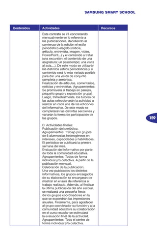 159
SAMSUNG SMART SCHOOL
Contenidos Actividades Recursos
Este contrato se irá concretando
mensualmente en lo referente a
las publicaciones, decidiendo al
comienzo de la edición el estilo
periodístico elegido (noticia,
artículo, entrevista, imagen, video,
PowerPoint...) y el contenido a tratar
(una excursión; el contenido de una
asignatura; un pasatiempo; una visita
al aula,...). De este modo se utilizarán
los distintos estilos periodísticos y el
contenido será lo más variado posible
para dar una visión de conjunto
completa y armónica.
Realización de artículos, comentarios,
noticias y entrevistas. Agrupamientos:
Se promoverá el trabajo en parejas,
pequeño grupo y exposición grupal.
Luego, trimestralmente, los tutores de
las aulas seleccionarán la actividad a
realizar en cada una de las ediciones
del informativo. De este modo se
completarán las distintas secciones y
variarán la forma de participación de
los grupos.
D. Actividades finales:
Publicación del periódico.
Agrupamientos: Trabajo por grupos
de 6 alumnos/as heterogéneos en
intereses, capacidades y habilidades.
El periódico se publicará la primera
semana del mes.
Evaluación del informativo por parte
de toda la comunidad educativa.
Agrupamientos: Todos de forma
individual y/o colectiva. A partir de la
publicación mensual.
Celebración de la publicación.
Una vez publicados los distintos
informativos, los grupos encargados
de su elaboración se encargarán de
mostrar en el aula de referencia el
trabajo realizado. Además, al finalizar
la última publicación del año escolar,
se realizará una pequeña fiesta
de los grupos coordinadores en la
que se expondrán las impresiones
anuales. Finalmente, para agradecer
al grupo coordinador su función y a la
comunidad educativa su colaboración
en el curso escolar se estimulará
la evaluación final de la actividad.
Agrupamientos: Todo el centro de
forma individual y/o colectiva.
 
