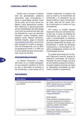76
SAMSUNG SMART SCHOOL
Puesto que el acceso a Internet
está tan generalizado, podemos
aprovechar esta circunstancia y
llevar el aprendizaje también fuera
de las aulas, de la mano de las ta-
bletas y otros dispositivos móviles.
Nos referimos al aprovechamiento
de las posibilidades del aprendizaje
móvil que nos proporciona este tipo
de dispositivos y que nos permitirá
introducir nuevos enfoques peda-
gógicos como Flipped classroom.
Además España, según el estudio
Connected Life de 2014, es el primer
país europeo en cuanto a penetra-
ción de Smartphones, con un 83%
de penetración frente a un 68% en
la Comunidad Europea, para pobla-
ción mayor de 18 años.
RECOMENDACIONES
La Flipped Classroom, o clase
del revés, es un modelo pedagógi-
co que propone modificar la forma
en que el alumnado se enfrenta a
los contenidos y a las tareas. En el
modelo tradicional, el espacio del
aula se reserva a la transmisión de
contenidos y la realización de las
tareas se lleva a cabo normalmente
en casa, fuera de las aulas, don-
de el alumnado no cuenta con sus
compañeros.
Por contra, el modelo Flipped
Classroom lleva los contenidos fue-
ra del aula, a través de píldoras de
información que ayudan al alum-
nado a contextualizar la situación
de aprendizaje y deja el tiempo del
aula para desarrollar las tareas, ha-
bitualmente a través de procesos
cooperativos y enmarcadas en di-
seños pedagógicos propios de las
metodologías activas.
El modelo promovido por la Flip-
ped Classroom permite, gracias al
potencial multimedia de Internet,
trasladar del aula al hogar una serie
de actividades propias de la docen-
cia para emplear el tiempo de clase
en desarrollar actividades de apli-
cación, debate o cooperación.
RECURSOS
Descripción Fuente
Formación para docentes ofrecida
por el INTEF
Curso de formación en red tutorizado
INTEF: Mobile Learning y Realidad
Aumentada en Educación
Curso de formación en red tutorizado
INTEF: Dale la vuelta a tu clase –
Flipped Classroom
INTEF MOOC:
Cómo introducir la programación y
la robótica educativa en todas las
materias, 2015 (Consultar oferta en la
plataforma MOOC del INTEF):
http://educalab.es/mooc
Comunidad en PROCOMÚN: Comunidad “Mobile Learning y
realidad aumentada en educación”:
http://bit.ly/1JnIcVI
 