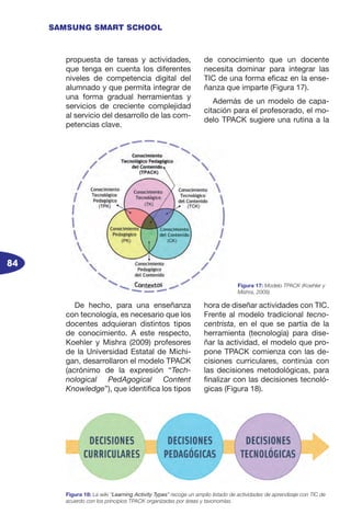 84
SAMSUNG SMART SCHOOL
propuesta de tareas y actividades,
que tenga en cuenta los diferentes
niveles de competencia digital del
alumnado y que permita integrar de
una forma gradual herramientas y
servicios de creciente complejidad
al servicio del desarrollo de las com-
petencias clave.
De hecho, para una enseñanza
con tecnología, es necesario que los
docentes adquieran distintos tipos
de conocimiento. A este respecto,
Koehler y Mishra (2009) profesores
de la Universidad Estatal de Michi-
gan, desarrollaron el modelo TPACK
(acrónimo de la expresión “Tech-
nological PedAgogical Content
Knowledge”), que identifica los tipos
de conocimiento que un docente
necesita dominar para integrar las
TIC de una forma eficaz en la ense-
ñanza que imparte (Figura 17).
Además de un modelo de capa-
citación para el profesorado, el mo-
delo TPACK sugiere una rutina a la
hora de diseñar actividades con TIC.
Frente al modelo tradicional tecno-
centrista, en el que se partía de la
herramienta (tecnología) para dise-
ñar la actividad, el modelo que pro-
pone TPACK comienza con las de-
cisiones curriculares, continúa con
las decisiones metodológicas, para
finalizar con las decisiones tecnoló-
gicas (Figura 18).
Figura 18: La wiki “Learning Activity Types” recoge un amplio listado de actividades de aprendizaje con TIC de
acuerdo con los principios TPACK organizadas por áreas y taxonomías.
Figura 17: Modelo TPACK (Koehler y
Mishra, 2009)
 