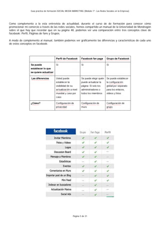 Guía práctica de formación SOCIAL MEDIA MARKETING (Módulo 1º: Las Redes Sociales en la Empresa)




Como complemento a la esta entrevista de actualidad, durante el curso de de formación para conocer cómo
promocionar mi comercio a través de las redes sociales, hemos compartido un manual de la Universidad de Mondragón
sobre el que hay que recordar que en su página 48, podemos ver una comparación entre tres conceptos clave de
facebook: Perfil, Páginas de fans y Grupos.

A modo de complemento al manual, también podemos ver gráficamente las diferencias y características de cada uno
de estos conceptos en facebook:




                                                         Página 5 de 31
 