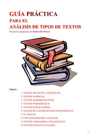 GUÍA PRÁCTICA
PARA EL
ANÁLISIS DE TIPOS DE TEXTOS
Propuesta pedagógica de Rafael del Moral




ÍNDICE:
           1. TEXTOS TÉCNICOS y CIENTÍFICOS
           2. TEXTOS JURÍDICOS
           3. TEXTOS ADMINISTRATIVOS
           4. TEXTOS PERIODÍSTICOS
           5. TEXTOS PUBLICITARIOS
           6. TEXTOS DE LAS DISCIPLINAS HUMANÍSTICAS
           7. EL ENSAYO
           8. USO LITERARIO DEL LENGUAJE
           9. TEXTOS FAMILIARES o COLOQUIALES
           10 TEXTOS ORALES VULGARES

                                                       1
 