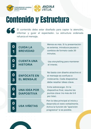 Contenido y Estructura
El contenido debe estar diseñado para captar la atención,
informar y guiar al espectador. La estructura ordenada
refuerza el mensaje.
Menos es más. Si tu presentación
es extensa, introduce pausas o
cambios de formato cada 20
minutos.
CUIDA LA
BREVEDAD
Usa storytelling para mantener
el interés.
No basta con diseño atractivo si
el mensaje es confuso o
irrelevante. Cada diapositiva
debe resaltar ideas clave.
Evita sobrecargar. En la
diapositiva final, resume los
puntos clave (no más de 5-6
por lista).
Pon la idea principal al inicio y
desarrolla el resto verbalmente.
Activa la función de "aparición
progresiva" si es posible.
0
1
CUENTA UNA
HISTORIA
0
2
ENFÓCATE EN
EL MENSAJE
0
3
UNA IDEA POR
DIAPOSITIVA
0
4
USA VIÑETAS
0
5
 
