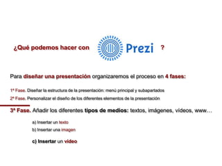Para diseñar una presentación organizaremos el proceso en 4 fases:
¿Qué podemos hacer con ?
1ª Fase. Diseñar la estructura de la presentación: menú principal y subapartados
2ª Fase. Personalizar el diseño de los diferentes elementos de la presentación
3ª Fase. Añadir los diferentes tipos de medios: textos, imágenes, vídeos, www…
a) Insertar un texto
b) Insertar una imagen
c) Insertar un vídeo
 