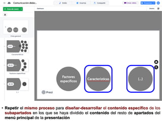 • Repetir el mismo proceso para diseñar-desarrollar el contenido específico de los
subapartados en los que se haya dividido el contenido del resto de apartados del
menú principal de la presentación
 