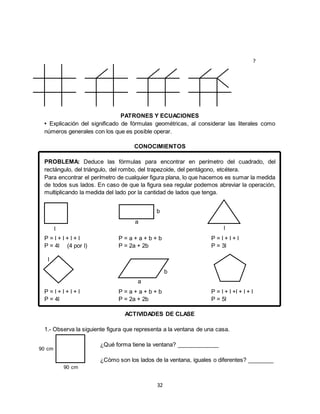 32
PATRONES Y ECUACIONES
• Explicación del significado de fórmulas geométricas, al considerar las literales como
números generales con los que es posible operar.
CONOCIMIENTOS
PROBLEMA: Deduce las fórmulas para encontrar en perímetro del cuadrado, del
rectángulo, del triángulo, del rombo, del trapezoide, del pentágono, etcétera.
Para encontrar el perímetro de cualquier figura plana, lo que hacemos es sumar la medida
de todos sus lados. En caso de que la figura sea regular podemos abreviar la operación,
multiplicando la medida del lado por la cantidad de lados que tenga.
P = l + l + l + l P = a + a + b + b P = l + l + l
P = 4l (4 por l) P = 2a + 2b P = 3l
P = l + l + l + l P = a + a + b + b P = l + l +l + l + l
P = 4l P = 2a + 2b P = 5l
ACTIVIDADES DE CLASE
1.- Observa la siguiente figura que representa a la ventana de una casa.
¿Qué forma tiene la ventana? _____________
¿Cómo son los lados de la ventana, iguales o diferentes? ________
90 cm
90 cm
b
a
l
l
b
a
l
?
 
