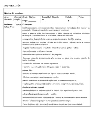 IDENTIFICACIÓN
Nombre del estudiante:__________________________________________________________
Área: Ciencias
Naturales (Biología)
Grado: Séptimo
Grupo: _______
Intensidad Horaria:
3H
Periodo:
I
Fecha:
Profesora: Nancy
Pulido Arcos
Estándares:
Establezco relaciones entre las características macroscópicas y microscópicas de la materia y las
propiedades físicas y químicas de las sustancias que la constituyen.
Evalúo el potencial de los recursos naturales, la forma como se han utilizado en desarrollos
tecnológicos y las consecuencias de la acción del ser humano sobre ellos.
…me aproximo al conocimiento …manejo conocimientos como científico-a natural
•Formulo explicaciones posibles, con base en el conocimiento cotidiano, teorías y modelos
científicos, para contestar preguntas.
•Registro mis observaciones y resultados utilizando esquemas, gráficos y tablas.
•Busco información en diferentes fuentes.
•Persisto en la búsqueda de respuestas a mis preguntas.
•Propongo respuestas a mis preguntas y las comparo con las de otras personas y con las de
teorías científicas.
•Sustento mis respuestas con diversos argumentos.
•Identifico y uso adecuadamente el lenguaje propio de las ciencias.
Entorno físico
•Describo el desarrollo de modelos que explican la estructura de la materia.
•Clasifico materiales en sustancias puras o mezclas.
•Explico el desarrollo de modelos de organización de los elementos químicos.
•Explico y utilizo la tabla periódica como herramienta para predecir procesos químicos.
Ciencia, tecnología y sociedad
•Identifico factores de contaminación en mi entorno y sus implicaciones para la salud.
…desarrollo compromisos personales y sociales
•Cumplo mi función cuando trabajo en grupo y respeto las funciones de las demás personas.
•Diseño y aplico estrategias para el manejo de basuras en mi colegio.
•Tomo decisiones sobre alimentación y práctica de ejercicio que favorezcan mi salud.
 