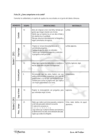 Ficha 20: ¿Cómo comportarme en la combi? 
Fomentar la solidaridad y el espíritu de ayuda a los necesitados en el gesto del óbolo o limosna. 
MOMENTO TIEMOP ORIACENTIENOS AEMRTIALES 
Propicie la metacognición con preguntas para 
que entiendan mejor el tema. 
Pídales que realicen una lectura pausada y comprensi-va 
del texto para poder ordenar la secuencia. 
El orden de la secuencia es: 
(5 – 8 – 4 – 6 – 1 – 2 – 10 – 9 – 11 – 7 – 3) 
Luego ordene que escriban la historia correctamente y 
un alumno la lea en voz alta, con la entonación adecuada. 
Sugiera que analicen la infografía. 
La ficha 
La ficha, lapiceros. 
108 Guía del Profesor 
Coge el timón 
Sesión 2 (35’) 
Pasa... tiempo 
Ficha, dado, bolitas de papel, 
plumones. 
10 
25 
Antes de empezar a leer esta ficha, formule pre-guntas 
que tengan relación con el tema. 
Solicite que un alumno lea en voz alta el título y 
otro alumno lea el sumillado. 
Pida que observen detenidamente la fotografía y 
hagan comentarios al respecto. 
Propicie la lectura interactiva haciendo y 
permitiendo preguntas. 
Explique lo que los niños no entienden. 
Solicite que marquen la respuesta y contesten 
la pregunta a nivel personal. 
Indique que respeten las indicaciones y coordinen a 
nivel de grupo antes de poner las respuestas. 
Recomiende que los niños hablen con sus 
padres motivándoles a practicar este acto de 
generosidad, a la vez que aprovechen la opor-tunidad 
para visitar la página web, que explica 
con mayor profundidad este tema. 
Carátula 
Sesión 1 (35’) 
Creciendo juntos Coge la lupa 
La ficha, lapiceros, lápiz. 
Computadora. 
Lapiceros. 
10 
10 
10 
5 
 
