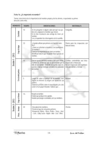 Ficha 16: ¿Es importante mi nombre? 
Tomar consciencia de la importancia del nombre propio y de los demás, respetando su primer 
derecho como niño. 
MOMENTO TIEMOP ORIACENTIENOS AEMRTIALES 
Respeto al nombre. 
El daño que producen los apodos. 
Grandes personajes recordados con sus nombres. 
Descubren los nombres. 
Premio al que los encuentra primero. 
Respuesta: María – Rosa –Pedro – Susy – José 
– Luis – Zully- Lucía – Ingrid – Ada – Leo – Rina. 
Fotografía. 
Pizarra para las respuestas con 
lluvia de ideas. 
126 Guía del Profesor 
Coge el timón 
Sesión 2 (35’) 
Pasa... tiempo 
Premio. 
15 
20 
Se les pregunta si alguno sabe por qué sus pa-dres 
les asignaron el nombre que tienen. 
En la foto reconocen una ventaja de tener un 
nombre. 
Lee y responden las interrogantes de la sumilla. 
¿Cuándo utilizan por primera vez nuestro nom-bre? 
¿Cómo se referirían a nosotros si no tuviéramos 
un nombre? 
Conocen la importancia de tener un nombre. 
Identifican todo lo que se puede hacer gracias al 
nombre. 
Forman grupos armando nombres con cuatro letras. 
Escriben los problemas que se presentarían por la 
falta de un nombre. Teniendo en cuenta esas res-puestas 
crean un mensaje centrado en la valoración 
del nombre. 
Luego de saber el porqué de su nombre, ave-riguan 
en internet su origen con ayuda de sus 
padres. 
Elaboran un texto sobre lo investigado y lo colo-carán 
en un papel titulado: Sabías que... 
Carátula 
Sesión 1 (35’) 
Creciendo juntos Coge la lupa 
Cartillas conteniendo una letra 
mayúscula o minúscula. 
Irá con mayúscula sólo la primera 
letra del nombre a formar. 
Internet. 
10 
10 
10 
5 
 