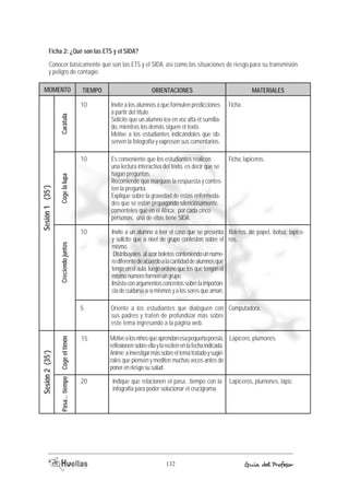 Ficha 2: ¿Qué son las ETS y el SIDA? 
Conocer básicamente qué son las ETS y el SIDA, así como las situaciones de riesgo para su transmisión 
y peligro de contagio. 
MOMENTO TIEMOP ORIACENTIENOS AEMRTIALES 
Ficha. 
Ficha, lapiceros. 
15 Lapicero, plumones. 
Motive a los niños que aprendan esa pequeña poesía, 
reflexionen sobre ella y la reciten en la fecha indicada. 
Anime a investigar más sobre el tema tratado y sugié-rales 
que piensen y mediten muchas veces antes de 
poner en riesgo su salud. 
Indique que relacionen el pasa...tiempo con la 
infografía para poder solucionar el crucigrama. 
132 Guía del Profesor 
Coge el timón 
Sesión 2 (35’) 
Pasa... tiempo 
Lapiceros, plumones, lápiz. 
20 
Invite a los alumnos a que formulen predicciones 
a partir del título. 
Solicite que un alumno lea en voz alta el sumilla-do, 
mientras los demás siguen el texto. 
Motive a los estudiantes indicándoles que ob-serven 
la fotografía y expresen sus comentarios. 
Es conveniente que los estudiantes realicen 
una lectura interactiva del texto, es decir que se 
hagan preguntas. 
Recomiende que marquen la respuesta y contes-ten 
la pregunta. 
Explique sobre la gravedad de estas enfermeda-des 
que se están propagando silenciosamente, 
coménteles que en el África, por cada cinco 
personas, una de ellas tiene SIDA. 
Invite a un alumno a leer el caso que se presenta 
y solicite que a nivel de grupo contesten sobre el 
mismo. 
Distribúyales al azar boletos conteniendo un núme-ro 
diferente de acuerdo a la cantidad de alumnos que 
tenga en el aula, luego ordene que los que tengan el 
mismo número formen un grupo. 
Insista con argumentos concretos sobre la importan-cia 
de cuidarse a sí mismos y a los seres que aman. 
Oriente a los estudiantes que dialoguen con 
sus padres y traten de profundizar más sobre 
este tema ingresando a la página web. 
Carátula 
Sesión 1 (35’) 
Creciendo juntos Coge la lupa 
Boletos de papel, bolsa, lapice-ros. 
Computadora. 
10 
10 
10 
5 
 