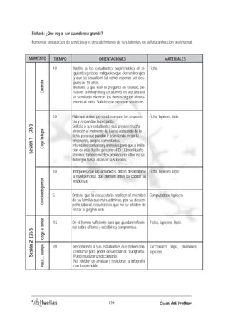 Ficha 6: ¿Qué voy a ser cuando sea grande? 
Fomentar la vocación de servicios y el descubrimiento de sus talentos en la futura elección profesional. 
MOMENTO TIEMOP ORIACENTIENOS AEMRTIALES 
Ficha. 
Ficha, lapicero, lápiz. 
15 Ficha, lapicero, lápiz. 
Dé el tiempo suficiente para que puedan reflexio-nar 
sobre el tema y escribir su compromiso. 
Recomiende a sus estudiantes que deben con-centrarse 
para poder desarrollar el crucigrama. 
Pueden utilizar un diccionario. 
No olviden de analizar y relacionar la infografía 
con lo aprendido. 
138 Guía del Profesor 
Coge el timón 
Sesión 2 (35’) 
Pasa... tiempo 
Diccionario, lápiz, plumones, 
lapicero. 
20 
Motive a los estudiantes sugiriéndoles el si-guiente 
ejercicio: indíqueles que cierren los ojos 
y que se visualicen tal como esperan ser des-pués 
de 15 años. 
Invíteles a que lean la pregunta en silencio, ob-serven 
la fotografía y un alumno en voz alta lea 
el sumillado mientras los demás siguen atenta-mente 
el texto. Solicite que expresen sus ideas. 
Pida que a nivel personal marquen las respues-tas 
y respondan la pregunta. 
Solicite a sus estudiantes que presten mucha 
atención al momento de leer el contenido de la 
ficha, para que puedan ir asimilando mejor la 
enseñanza, acepte comentarios. 
Infúndalos confianza y anímeles para que a imita-ción 
de este ilustre peruano el Dr. Elmer Huerta 
Ramírez, famoso médico provinciano; ellos no se 
detengan hasta alcanzar sus ideales. 
Indíqueles que las actividades deben desarrollarse 
a nivel personal, que piensen antes de colocar su 
respuesta. 
Ordene que la encuesta la realicen al miembro 
de su familia que más admiran, por su desem-peño 
laboral, recuérdeles que no se olviden de 
visitar la página web. 
Carátula 
Sesión 1 (35’) 
Creciendo juntos Coge la lupa 
Ficha, lapicero, lápiz. 
Computadora, lapicero. 
10 
10 
10 
5 
 