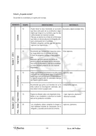 Ficha 8: ¿Yo puedo reciclar? 
Desarrollar la creatividad y el espíritu del reciclaje. 
MOMENTO TIEMOP ORIACENTIENOS AEMRTIALES 
Propicie la reflexión sobre este importante tema. 
Motive a sus estudiantes a practicar la creativi-dad 
con los productos reciclados. 
Los estudiantes deben completar la imagen a 
nivel individual tratando de relacionarlo con la 
infografía y sacando una lección de la misma. 
Accesorio u objeto reciclado, ficha. 
Ficha, lapiceros. 
- Lápiz, lapiceros, plumones. 
- Material reciclado. 
140 Guía del Profesor 
Coge el timón 
Sesión 2 (35’) 
Pasa... tiempo 
Lapiceros, plumones. 
15 
20 
Puede iniciar la clase mostrando un accesorio 
que lleva como parte de su vestimenta o algún 
objeto que tenga en su escritorio y que ha sido 
confeccionado con material reciclado. 
Pida que un alumno lea el título de la ficha luego 
que todos en silencio observen la fotografía, des-pués 
usted puede leer el sumillado. 
Mediante preguntas permita que los alumnos 
expresen sus experiencias. 
Recomiende que marquen las respuestas correc-tas, 
luego deben leer el contenido del tema. 
A través de preguntas verifique si han compren-dido. 
Infórmeles que generalmente las bolsas de 
plástico y objetos del mismo son los elementos 
más lentos en degradarse y que en la actualidad 
se están haciendo productos de este material 
degradables. 
Indique que un alumno lea la historia en voz alta y con la 
entonación adecuada, los demás siguen el texto en si-lencio, 
luego contestan la pregunta de forma individual. 
La siguiente pregunta debe ser contestada a nivel gru-pal, 
Organice usted los grupos, 
Recomiende que junto a un miembro de su fa-milia 
realicen la investigación solicitada, ade-más 
deben visitar la página web. 
Carátula 
Sesión 1 (35’) 
Creciendo juntos Coge la lupa 
Lapiceros, lápiz. 
Computadora, lapicero. 
10 
10 
10 
5 
 