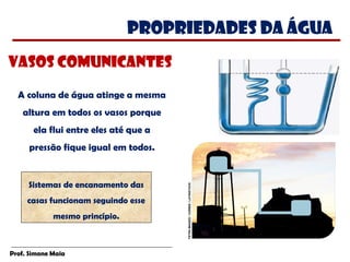 Prof. Simone Maia
Vasos comunicantes
PROPRIEDADES da água
Sistemas de encanamento das
casas funcionam seguindo esse
mesmo princípio.
TETRAIMAGES/CORBIS/LATINSTOCK
A coluna de água atinge a mesma
altura em todos os vasos porque
ela flui entre eles até que a
pressão fique igual em todos.
 