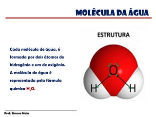 Prof. Simone Maia
Cada molécula de água, é
formada por dois átomos de
hidrogênio e um de oxigênio.
A molécula de água é
representada pela fórmula
química H2O.
Molécula da água
 