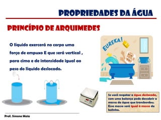 Prof. Simone Maia
O líquido exercerá no corpo uma
força de empuxo E que será vertical ,
para cima e de intensidade igual ao
peso do líquido deslocado.
Princípio de Arquimedes
PROPRIEDADES da água
Se você resgatar a água deslocada,
com uma balança pode descobrir a
massa da água que transbordou.
Essa massa será igual à massa da
bolinha. 
 