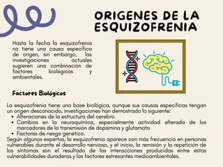 Alteraciones de la estructura del cerebro.
Cambios en la neuroquímica, especialmente actividad alterada de los
marcadores de la transmisión de dopamina y glutamato
Factores de riesgo genético.
La esquizofrenia tiene una base biológica, aunque sus causas específicas tengan
un origen desconocido, investigaciones han demostrado lo siguiente:
Según algunos expertos, la esquizofrenia aparece con más frecuencia en personas
vulnerables durante el desarrollo nervioso, y el inicio, la remisión y la repetición de
los síntomas son el resultado de las interacciones producidas entre estas
vulnerabilidades duraderas y los factores estresantes medioambientales.
Hasta la fecha la esquizofrenia
no tiene una causa específica
de origen, sin embargo, las
investigaciones actuales
sugieren una combinación de
factores biológicos y
ambientales.
ORIGENES DE LA
ESQUIZOFRENIA
Factores Biológicos
 